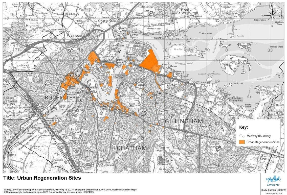 This map is an overview of potential development sites in the Urban Regeneration category.  It shows land being assessed for potential development in the new plan.  Many of the sites are concentrated around Strood, Rochester, Chatham and north of Gillingham.