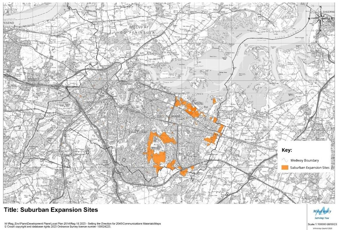This is a map showing an overview of potential development sites in suburban areas.  The sites are largely in areas to the north and east of Rainham and in the Capstone Valley area.