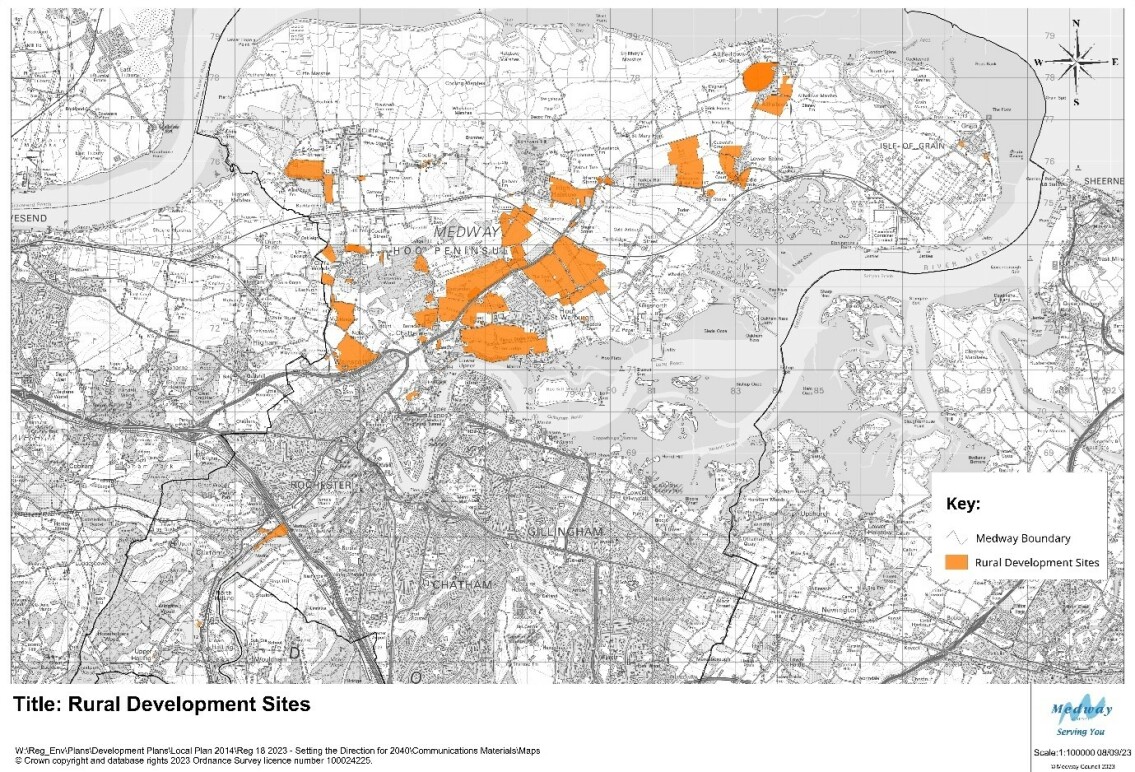 This is a map showing an overview of potential development sites in rural areas.  The sites are generally located on the Hoo Peninsula. 