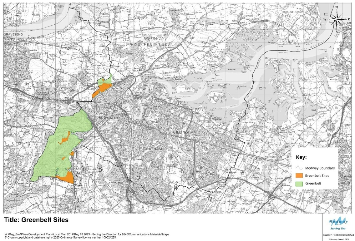 This is a map showing an overview of potential development sites that are located in the Green Belt.  The sites are located to the west and north of Strood and in the Medway Valley. 