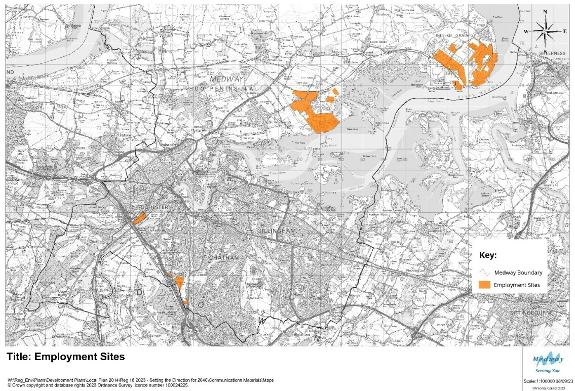This map shows an overview of potential employment site allocations. They include large sites on the Hoo Peninsula and sites to the south of Medway.