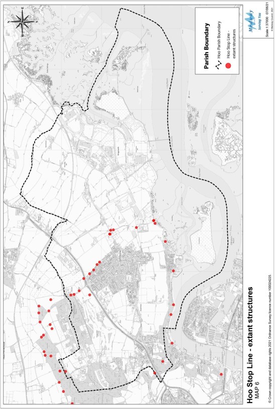 A map showing the Hoo Stop Line - extant structures.