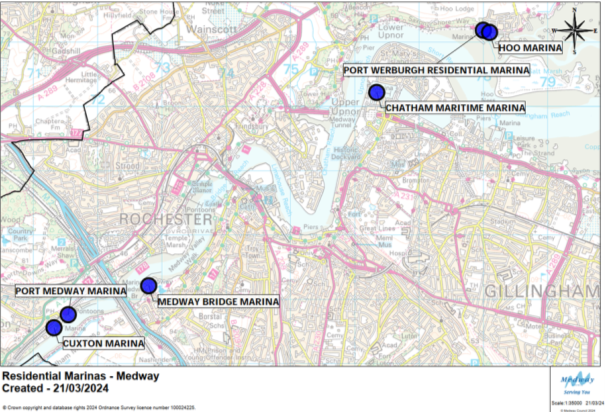 A map of a Medway showing Residential Marinas: Port Medway Marina, Medway Bridge Marina, Cuxton Marina, Hoo Marina, Port Werburgh Residential Marina, Chatham Maritime Marina. 