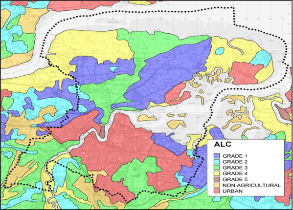 A map of different colors showing agricultural land classification of: Purple - grade 1, blue - grade 2, green - grade 3, yellow - grade 4, brown - grade 5, gold - non agricultural, red - urban.