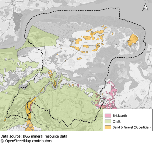 Data source: BGS mineral resource data shows a map indicating brickearth in red, chalk in green and sand & gravel (superficial) in yellow. 