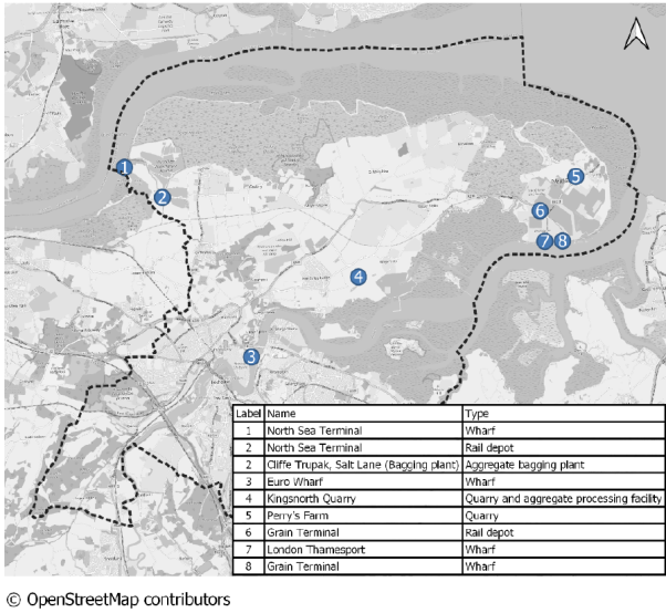 Map marked with numbers. 1 = North Sear Terminal, type: Wharf. 2 = North Sea Terminal, type: Rail depot. 2 = Cliffe Trupak, Salt Lane (Bagging plant), type: Aggregate bagging plant. 3 = Euro Wharf, type: Wharf. 4 = Kingsnorth Quarry, type: Quarry and aggregate processing facility. 5 = Perry's farm, type: Quarry. 6 = Grain Terminal, type: Rail depot. 7 = London Thamesport, type: Wharf. 8 = Grain Terminal, type: wharf. 