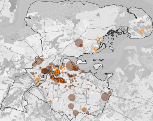 A map of a city with orange circles showing the SGO 1- Urban Focus areas.