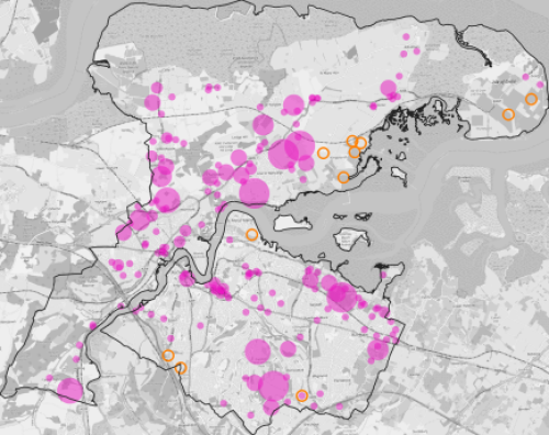 A map of a city with pink dots indicating the SGO 2 - Dispersed growth areas.