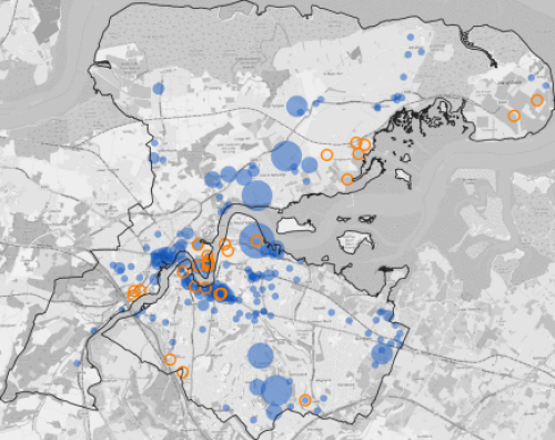 A map of a city with blue and orange dots demonstrating the SGO 3 - Blended Strategy areas.