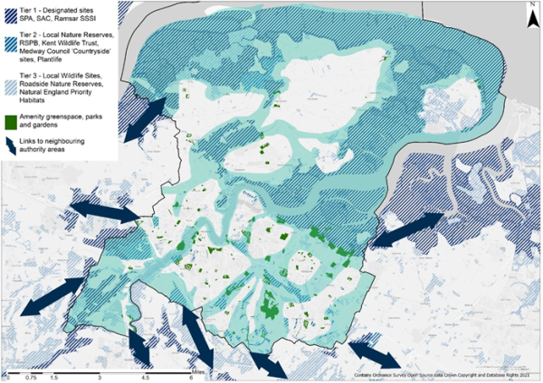 Map with areas shaded in dark blue to indicate Tier 1 - Designated sites SPA, SAC, Ramsar SSSI. Light blue to indicate Tier 2 - Local Nature Reserves, RSPB, Kent Wildlife Trust, Medway Council 'Countryside' sites, Plantlife. Pale blue indicates Tier 3 - Local Wildlife Sites, Roadside Nature Reserves, Natural England Priority Habitats. Green areas indicate Amenity greenspace, parks and garden. Dark blue arrow shows the links to neighbouring authority areas.