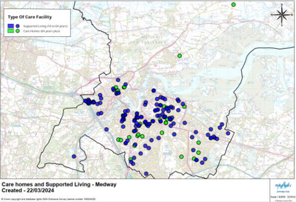 A map with green and blue dots indicating (blue) supported living (16 - 64 years) and (green) care homes (64 years plus)