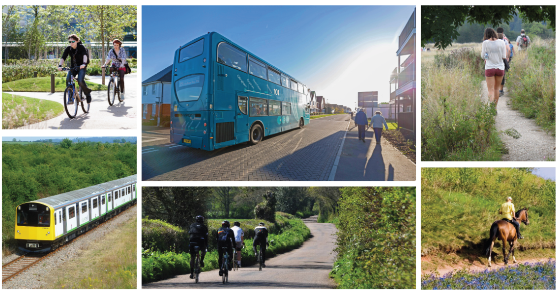 Various images: Two people on bikes, a bus, people walking in field, train on tracks, people riding bikes, person riding a horse through a field