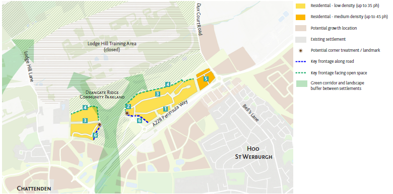 Map marked with: Residential - low density (up to 35 ph), residential - medium density (up to 45 ph), potential growth location, existing settlement, potential corner treatment/landmark, Key frontage along road, key frontage facing open space, green corridor and landscape buffer between settlements