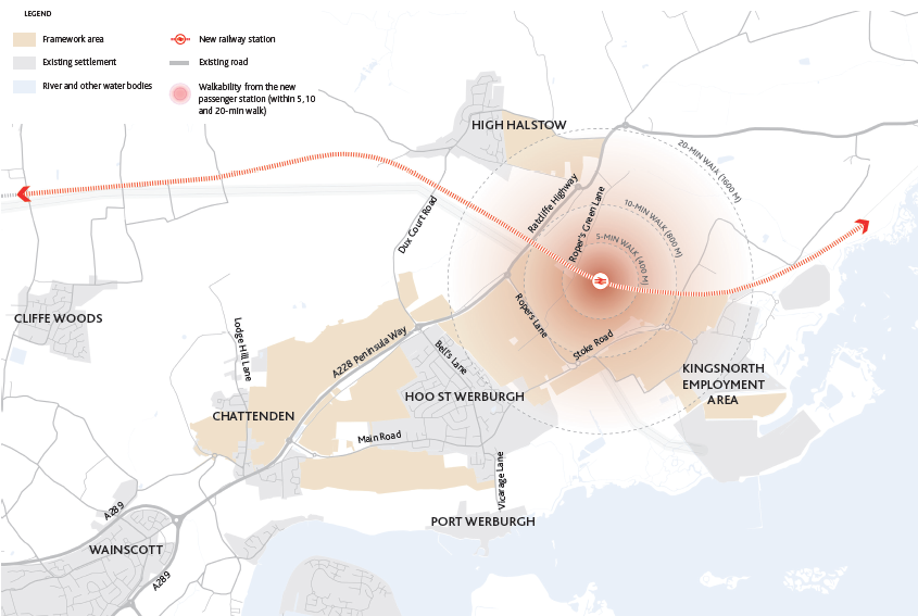 Map showing accessible settlements and new rail station