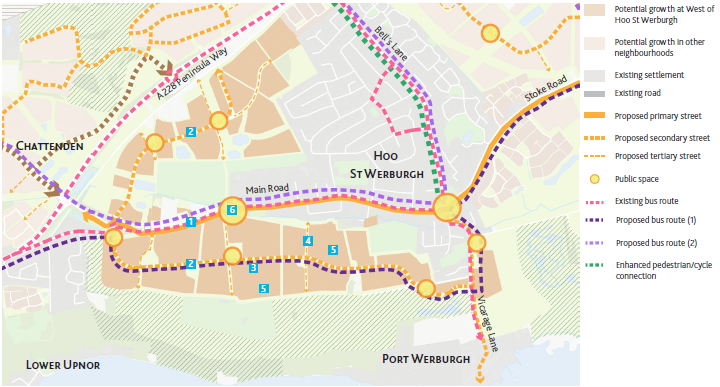Map marked with: Potential growth at West of St Werburgh, Potential growth in other neighbourhoods, existing settlement, existing road, proposed primary street, proposed secondary street, proposed tertiary street, public space, existing bus route, proposed bus route (1), proposed bus route (2), enhanced pedestrian/cycle connection