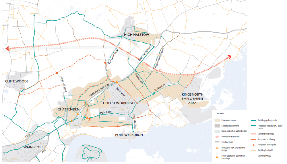 Map showing accessible settlements and pedestrian and cycling connectivity