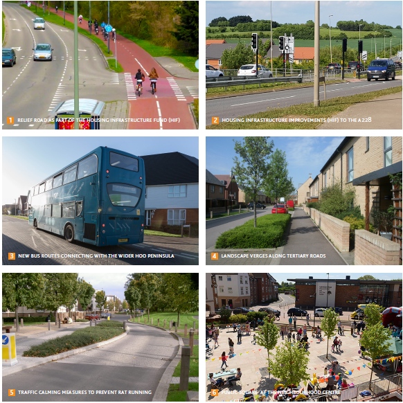 various images: 1. Relief road as part of the Housing Infrastructure Fund (HIF). 2. Housing Infrastructure Improvements (HIF ) to the A228. 3. New bus routes connecting with the wider Hoo Peninsula. 4. Landscape verges along tertiary roads. 5. Traffic calming measures to prevent rat Running. 6. Public square at the neighbourhood centre