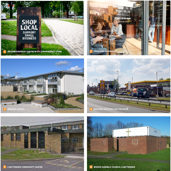 Various images: 1. Neighbourhood Centre with Convenience store. 2. Food and beverage. 3. Primary school. 4. Existing facilities on A228. 5. Chattenden community centre. 6. Bishop Gundalf Church, Chattenden