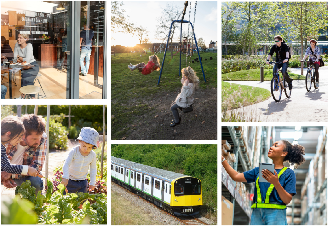 Various images: People in a bar/restaurant, children in a park, people on bikes, family in vegetable garden, train on tracks, worker in warehouse.