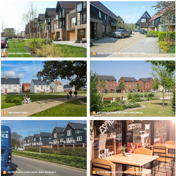 Various images: 1. Higher density area, 2. Terraced housing in Medium Density area. 3. Low density area. 4. Key frontages facing Large Open Spaces. 5. Key frontage along relief road entrances. 6. Active Frontage at the Neighbourhood centre