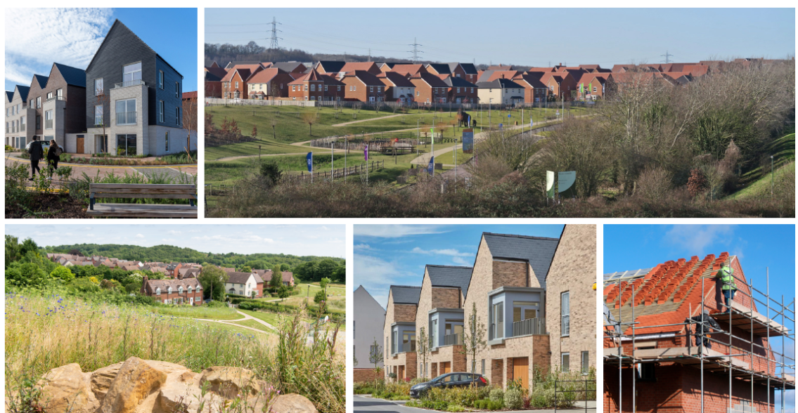 Various images: modern houses, homes in a green area, homes in a field, modern homes with parking in front of them, builder working on a roof