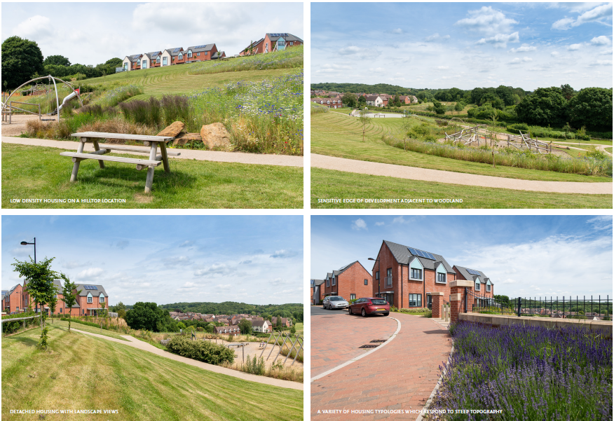 Various images: 1. Low density on a hilltop location. 2. Sensitive edge of development adjacent to woodland. 3. Detached housing with landscape views. 4. A variety of Housing typologies which respond to Steep topography