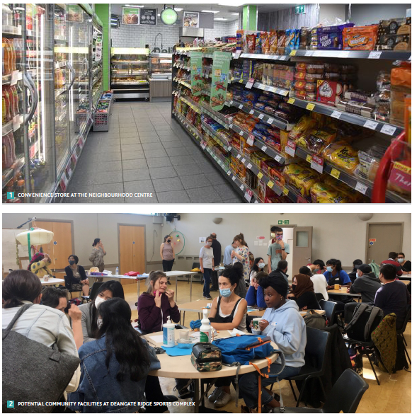 Top: Convenience store at the neighbourhood Centre. Bottom: Potential Community facilities at Deangate Ridge Sports Complex