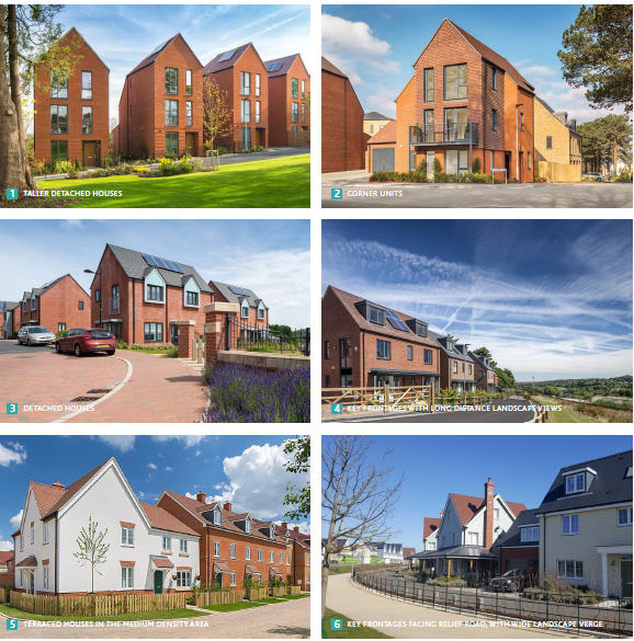 Various images: Taller Detached houses, Corner units, Detached houses,  Key Frontages with long distance landscape views, Terraced houses in the medium density area, Key Frontages facing relief road, with wide landscape verge