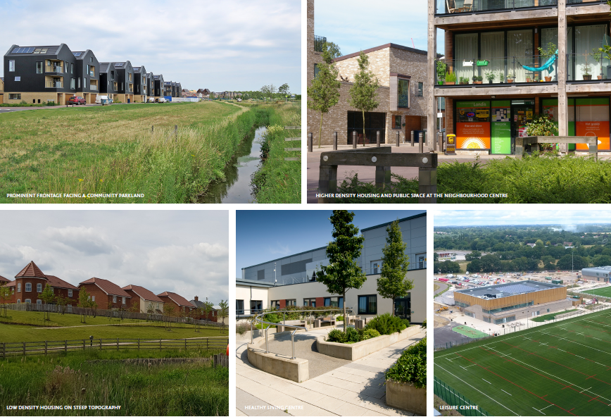Various images: Prominent Frontage facing A Community Parkland, Higher density housing and Public Space at the neighbourhood Centre, Low density housing on Steep Topography, Healthy living Centre, Leisure Centre