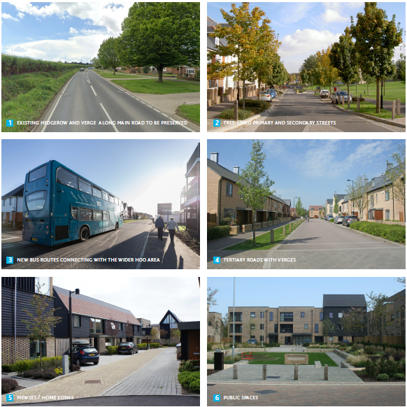 Various images: 1. Existing Hedgerow and verge along Main Road to be preserved. 2. Tree-lined Primary and secondary streets. 3. New bus routes connecting with the wider hoo area. 4.Tertiary roads with verges. 5.  Mewses / Home zones. 6. Public Spaces