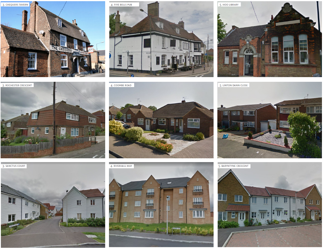 Images of: 3. chequers tavern, 4. five Bells Pub, 5. Hoo library. 3. Rochester Crescent, 4. Coombe road, 5. Linton Dann Close. 3. Sanctus Court, 4. Riverhall Way, 5. Baryntyne crescent