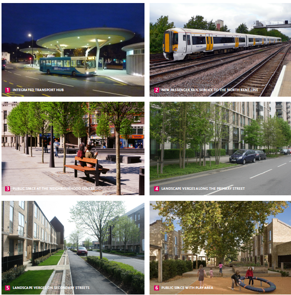 Various images: 1. Integrated Transport hub, 2. New passenger Rail service to the North Kent line, 3. Public Space at the Neighbourhood centre, 4. Landscape verges along the Primary street, 5. Landscape verges on Secondary Streets, 6. Public space with play area