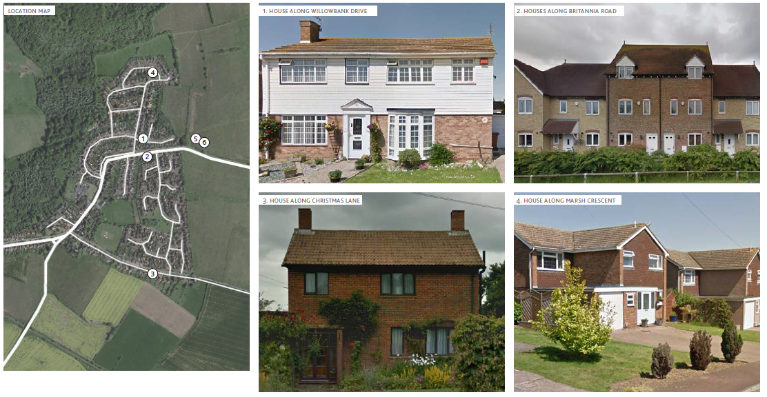 Images of: Location Map - 1. House along Willowbank Drive, 2. Houses along Britannia Road, 3. House along Ch ristmas Lane, 4. House along Marsh Crescent