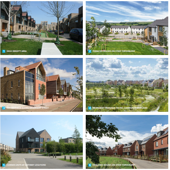 Various images: 1. High density area. 2. Terraced houses on steep topography. 3. Key frontage along secondary street. 4. Prominent frontage facing Community Parkland. 5. Corner Units at Gateway locations. 6. Detached houses on steep topography.