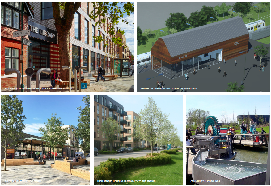 Various images: Neighbourhood Centre with retail & Community facilities, Railway station with integrated Transport Hub, Supermarket at the new centre, High Density housing in proximity to the Station, community playgrounds.
