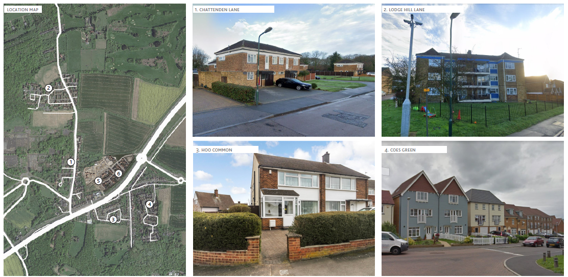 Various images: Location Map. 1. Chattenden Lane. 2. Lodge Hill Lane. 3. Hoo Common. 4. Coes Green.