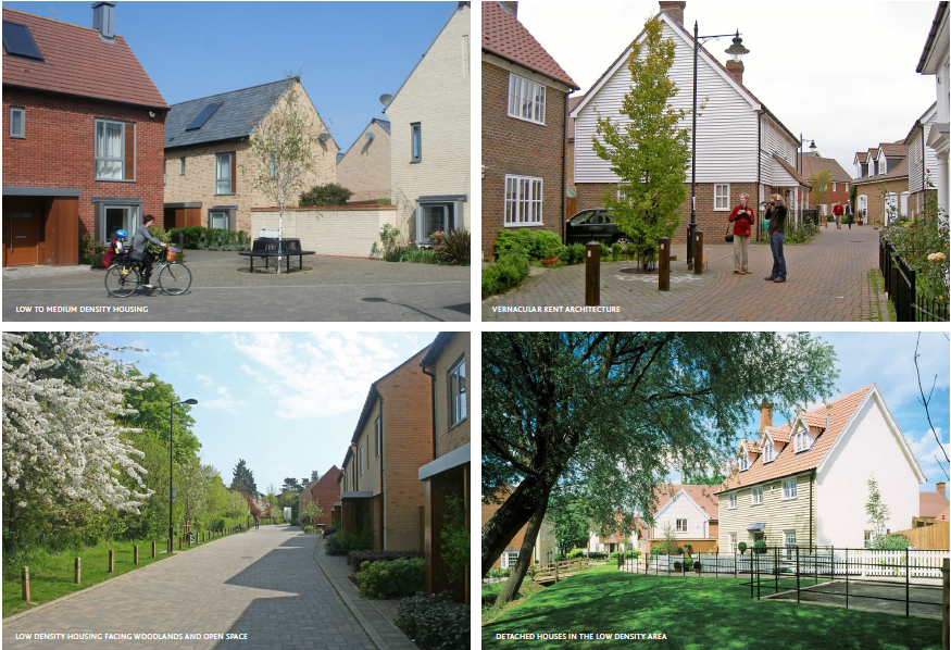 Various images: Low to medium density housing, vernacular Kent architecture, Low density Housing facing woodlands and open space,  Detached houses in the Low density area