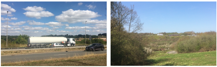 Left: A lorry on a road. Right: A picture of a country scene. 