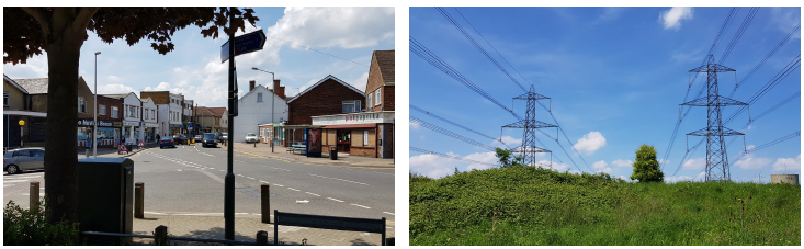 Left: Picture of a town and a road. Right: Picture of some bushes and two power lines.
