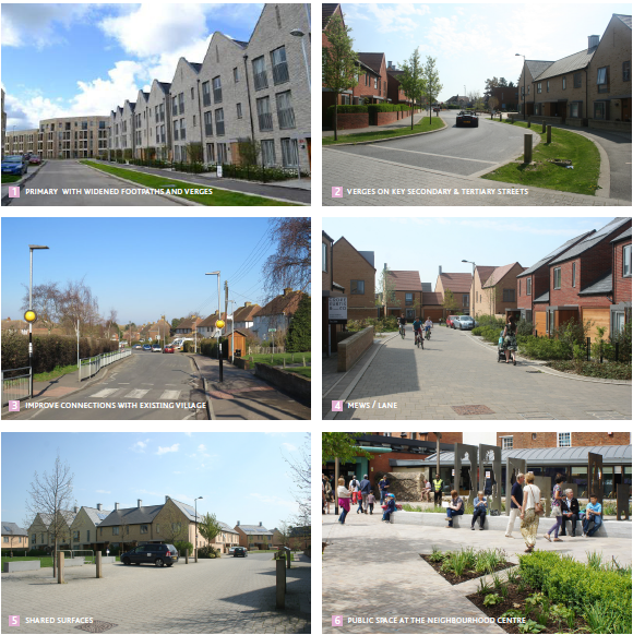 Various images: 1. Primary with widened footpaths and verges, 2. Verges on Key secondary & Tertiary streets. 3. Improve connections with existing village, 4. Mews / Lane, 5. Seared surfaces 6. Public space at the neighbourhood centre