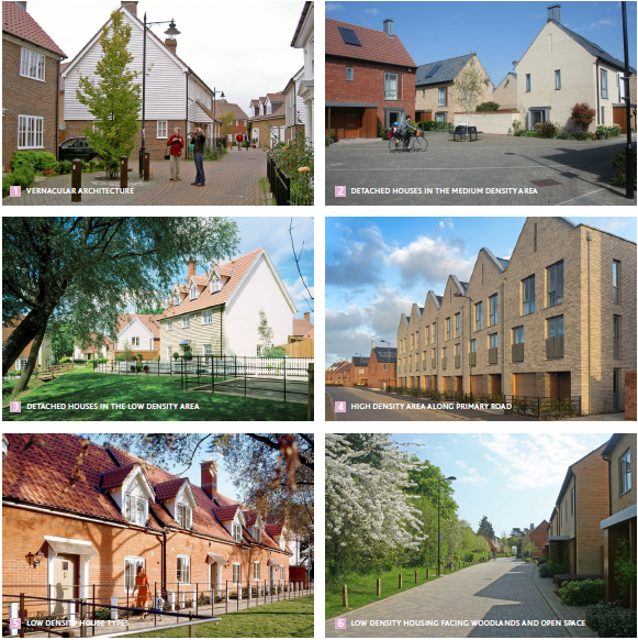 Various images: 1. Vernacular Architecture 2. Detached Houses in the Medium Density area 3. Detached houses in the low density area 4. High Density Area along primary road 5. Low Density house types 6. Low density Housing facing woodlands and open space