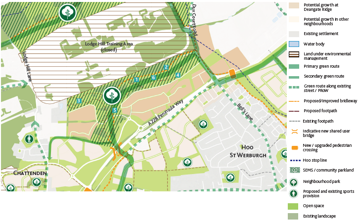 Map marked with: Potential growth at Deangate Ridge, Potential growth in other neighbourhoods, Existing settlement, primary green route, secondary green route, green route along existing street / PRoW, Existing footpath, indicative new shared user bridge, New / upgraded pedestrian crossing, neighbourhood park, proposed and existing sports provision, Open space, existing landscapes