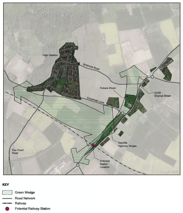 Map showing High Halstow, Britannia Road, A228/ Sharnal Street, Fishers Wood, Christmas Lane, Ratcliffe Highway Verges, Dux Court Road and the Potential Station Location. Further description in text below.