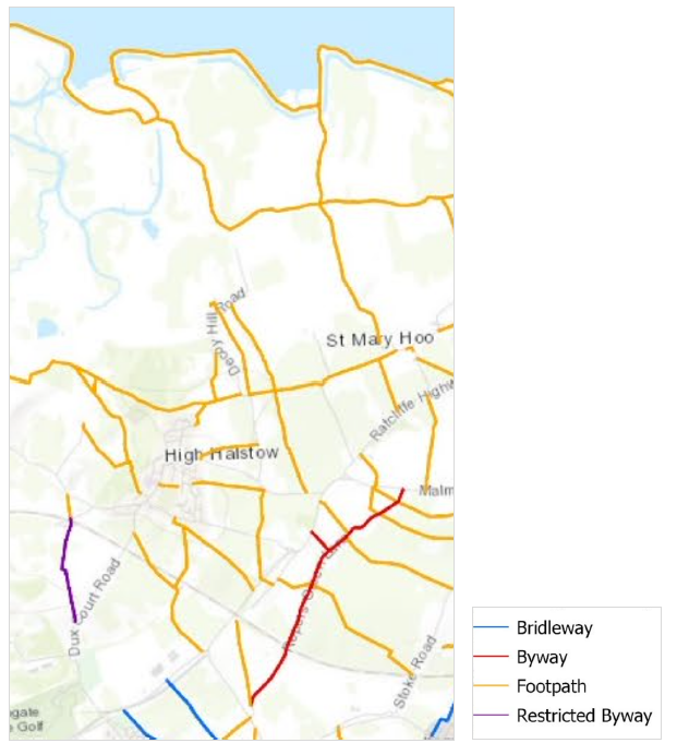 Map showing existing Bridleways, Byways, Footpaths and Restricted Byways in and around High Halstow & St Mary Hoo.