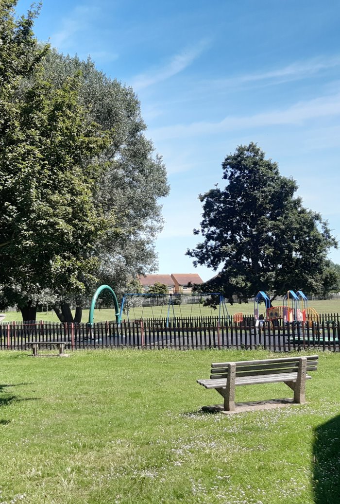 Image of a park with a children's playground and trees and houses in the background