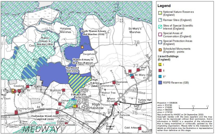 Map marked with environmental and heritage designations in and around High Halstow (National Nature Reserves, Ramsar Sites, Sites of Special Scientific Interest, Special Areas of Conservation, Special Protection Areas, Scheduled Monuments, RSPB Reserves) such as Halstow Marshes, Thames Estuary and Marshes (SPA), South Thames Estuary and Marshes (SSSI), St Mary's Marshes, etc 