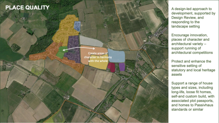 Concept plan for PLACE QUALITY. A design-led approach to development, supported by Design Review, and responding to the landscape setting. Encourage innovation, places of character and architectural variety - support running of architectural competitions. Protect and enhance the sensitive setting of statutory and local heritage assets. Support a range of house types and sizes, including long-life, loose fit homes, self-and custom build, with associated plot passports, and homes to Passivhaus standards or similar. Left of image is map showing highlighted areas summarising aspirations for design quality in High Halstow to create areas of character in harmony with the whole. 